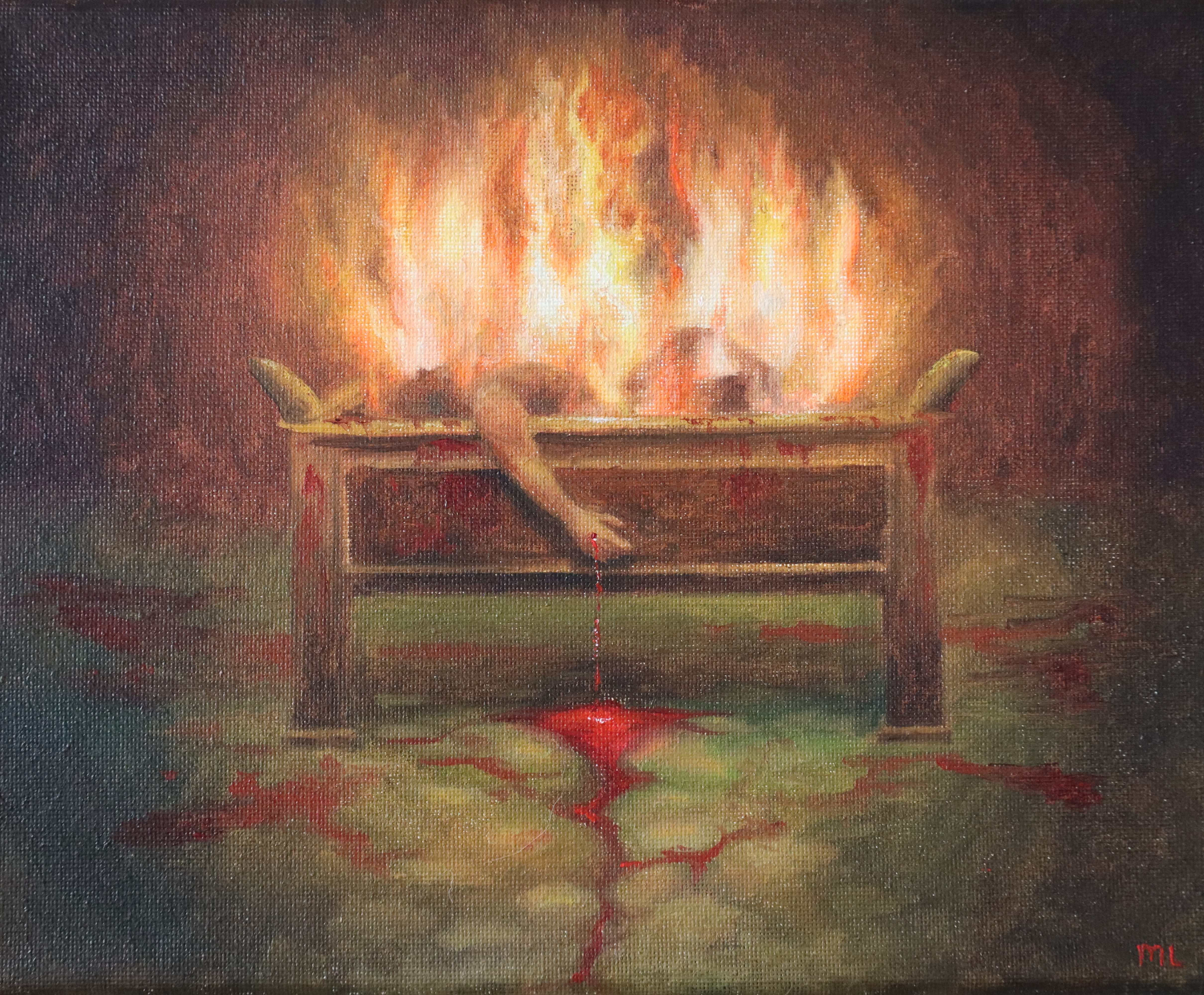 Figurative painting — figure in flames on an altar
