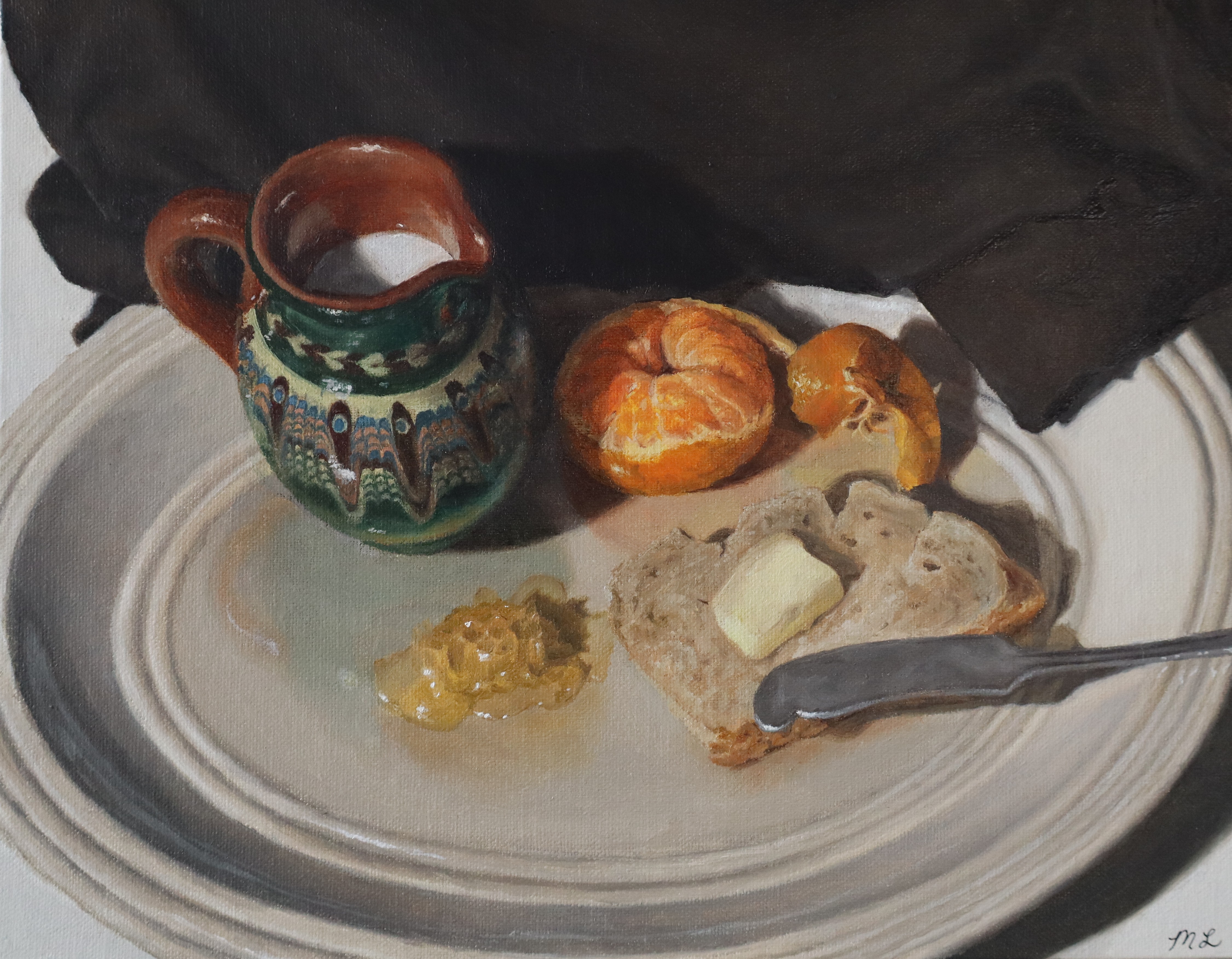 Milk and Honey — oil on canvas still life with ceramic pitcher, tangerine, and bread