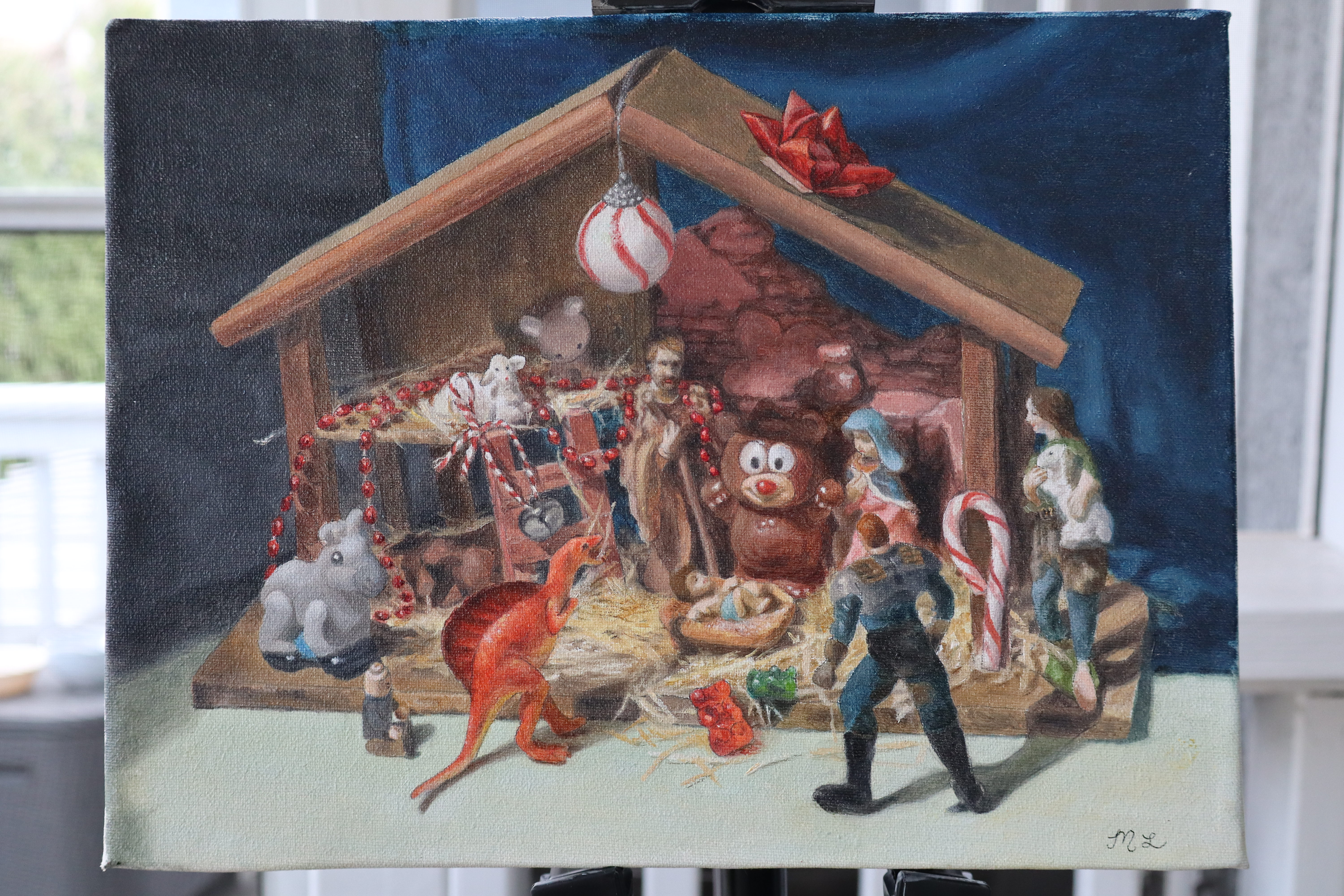 Whimsical nativity scene with toys
