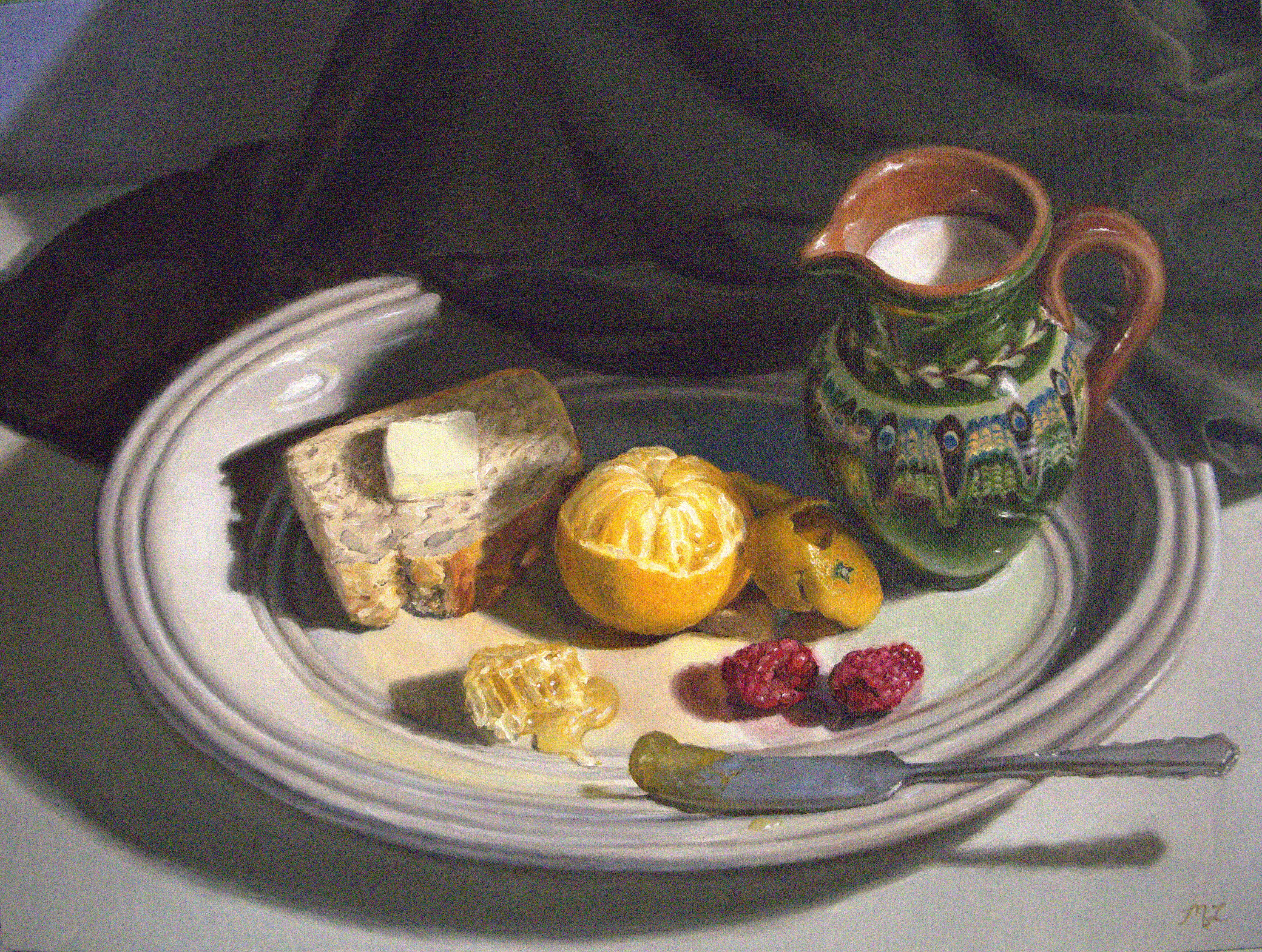 Milk and Honey II — oil on linen panel still life with a painted jug, tangerine, bread with butter, honeycomb, and raspberries on a plate