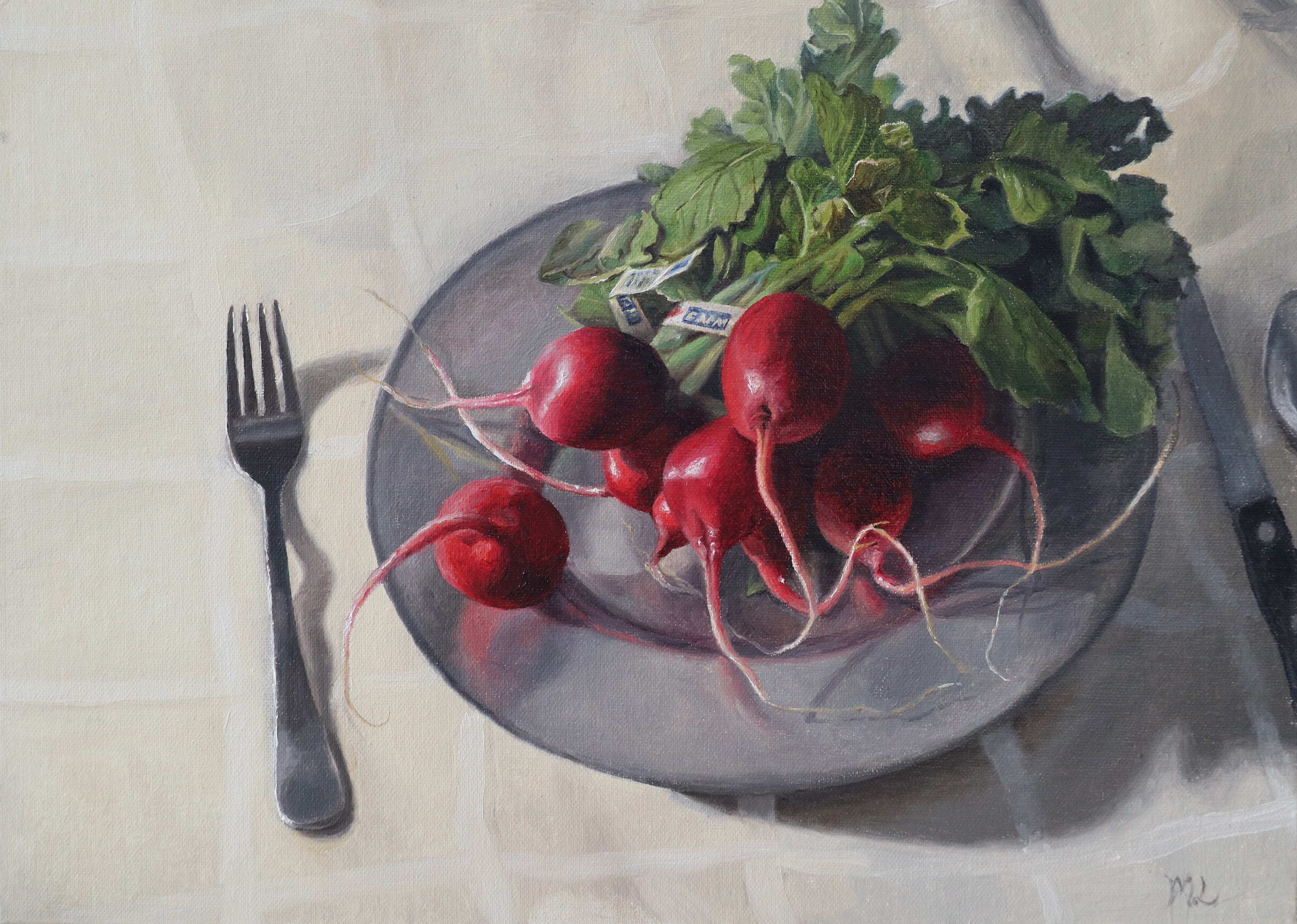 Radical Radishes — oil on linen panel still life of red radishes and greens on a grey plate, with a fork